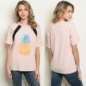 Pineapple Graphic Tee For Women, Pink Top Lace Up